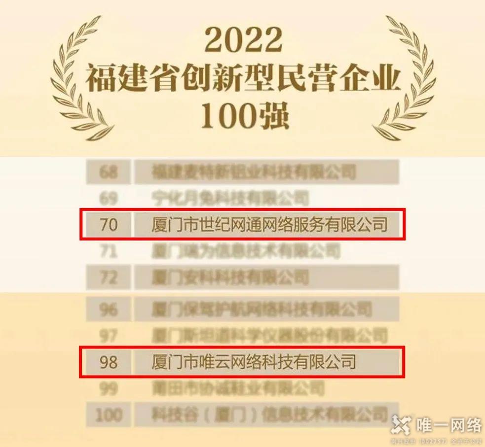 唯一網絡廈門公司入選2022福建省創新型民營企業百強榜單 唯一網絡廈門公司入選2022福建省創新型民營企業百強榜單